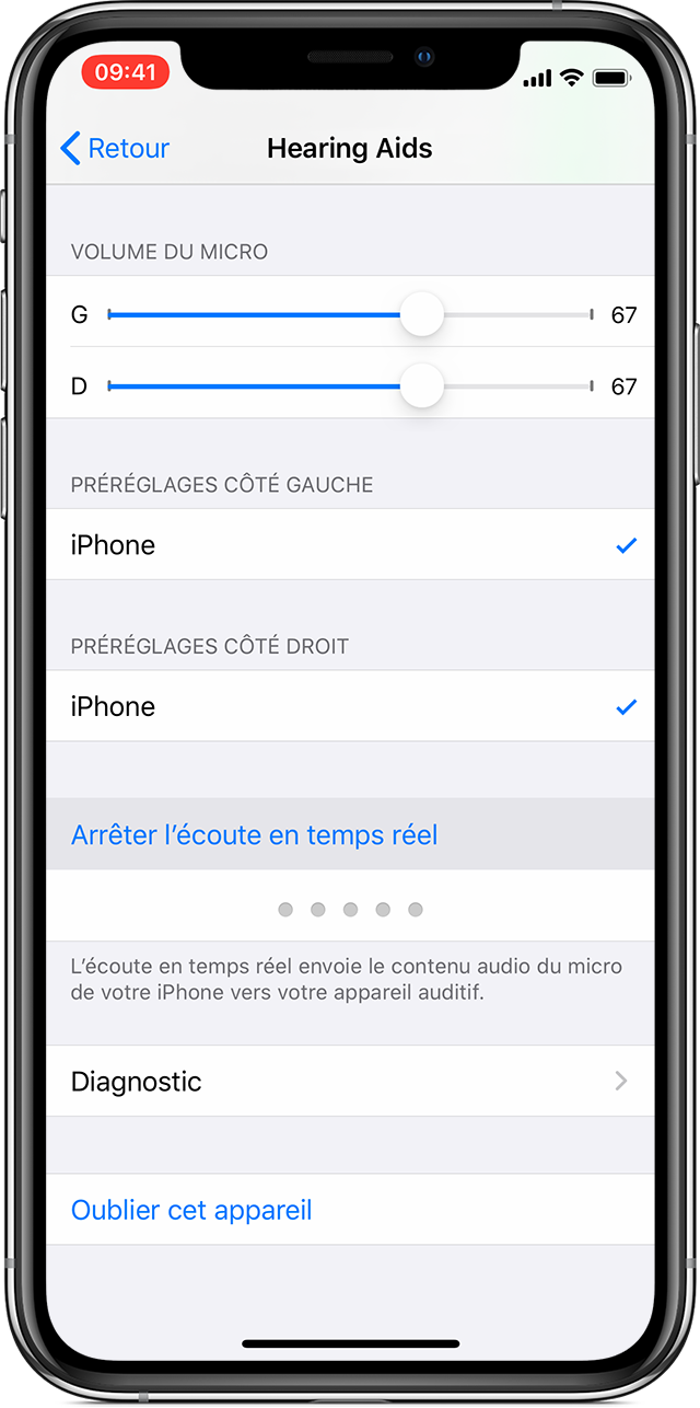 Utilisation de l'écoute en temps réel avec les prothèses auditives Made for  iPhone - Assistance Apple (FR)