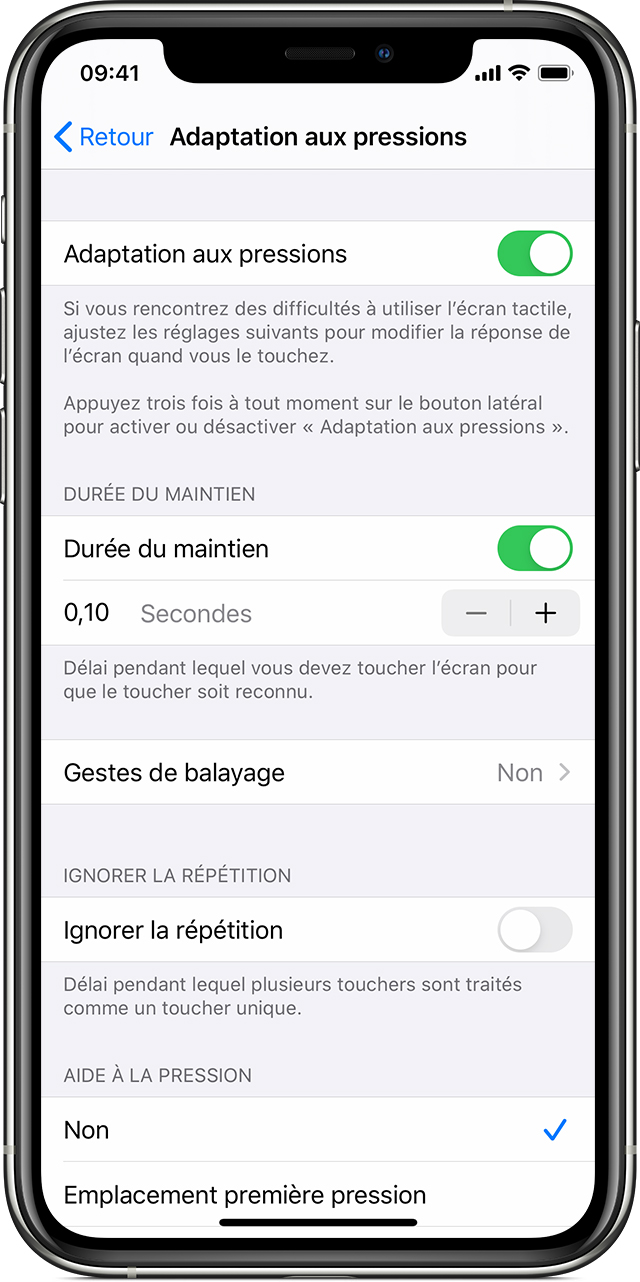 Utiliser Adaptation aux pressions avec votre iPhone, iPad, iPod touch ou  Apple Watch - Assistance Apple (FR)