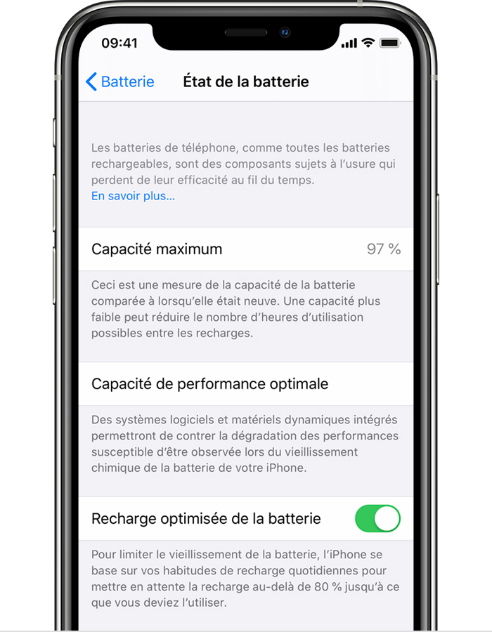À propos de l'optimisation de la charge de la batterie sur l'iPhone -  Assistance Apple (FR)