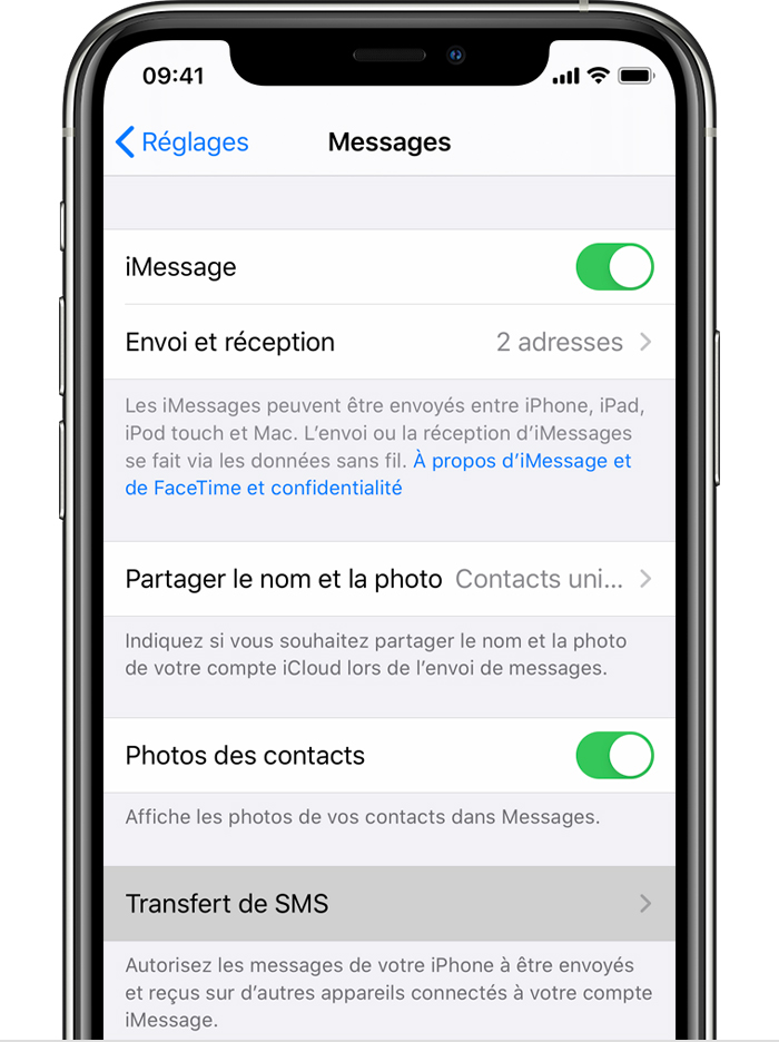 Comment transférer des SMS ou MMS depuis votre iPhone vers votre iPad, iPod  touch ou Mac - Assistance Apple (FR)