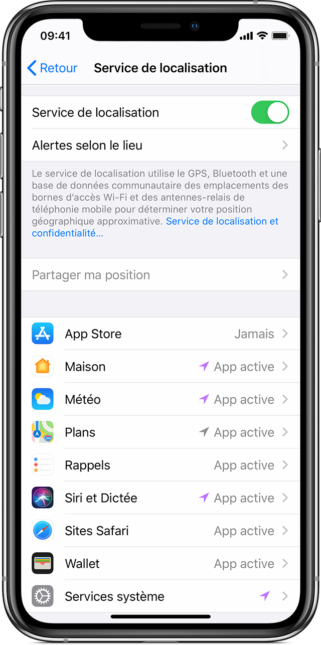 Réglage Service de localisation sur un iPhone