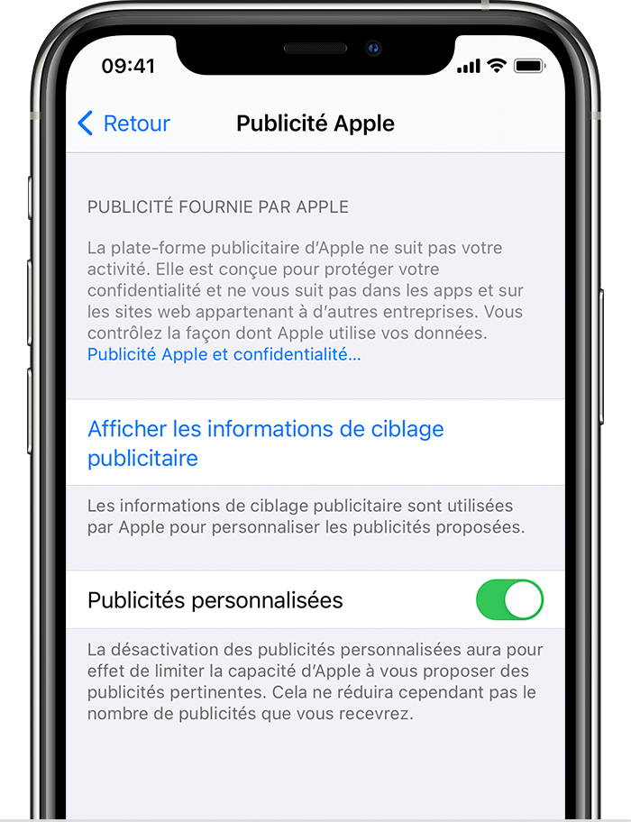 iPhone montrant les options de Publicité Apple, notamment les options Afficher les informations de ciblage publicitaire et Publicités personnalisées