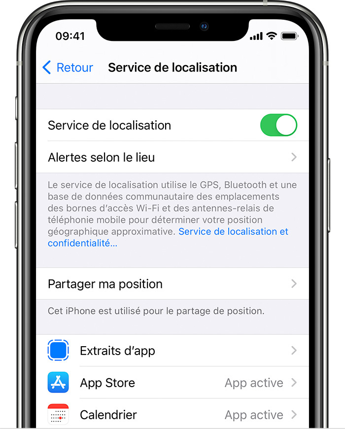 iPhone montrant les options des services de localisation, notamment les Alertes selon le lieu et les réglages spécifiques aux apps