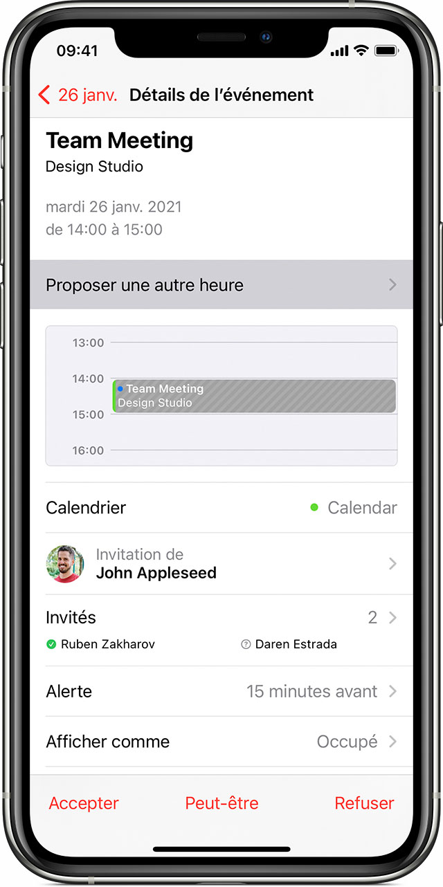 App Calendrier sur un iPhone affichant le bouton Proposer une autre heure sur une invitation à un événement.