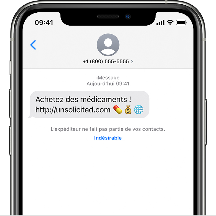 iPhone montrant comment signaler des fichiers indésirables dans l’app Messages