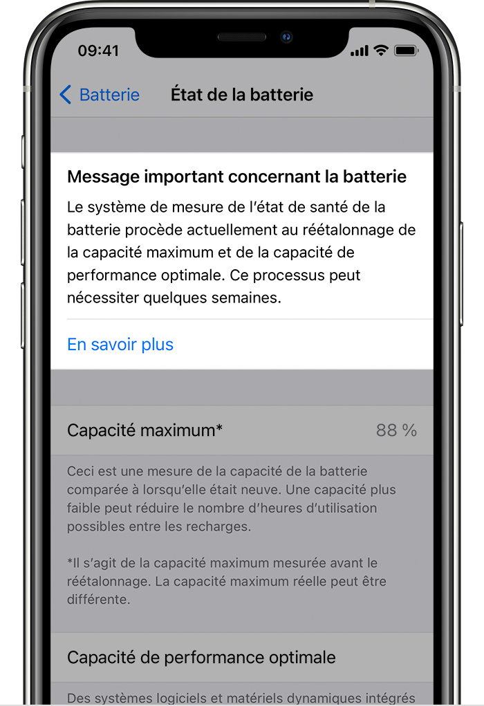 À propos du réétalonnage du système de mesure de l'état de la batterie sous  iOS 14.5 - Assistance Apple (FR)