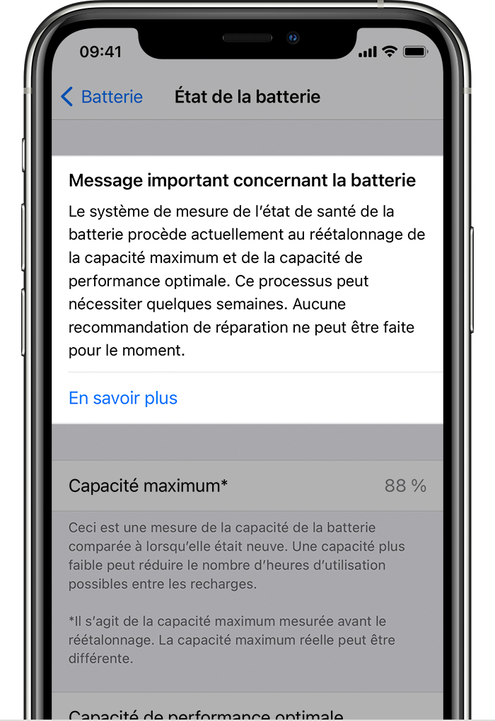 À propos du réétalonnage du système de mesure de l'état de la batterie sous  iOS 14.5 - Assistance Apple (SN)