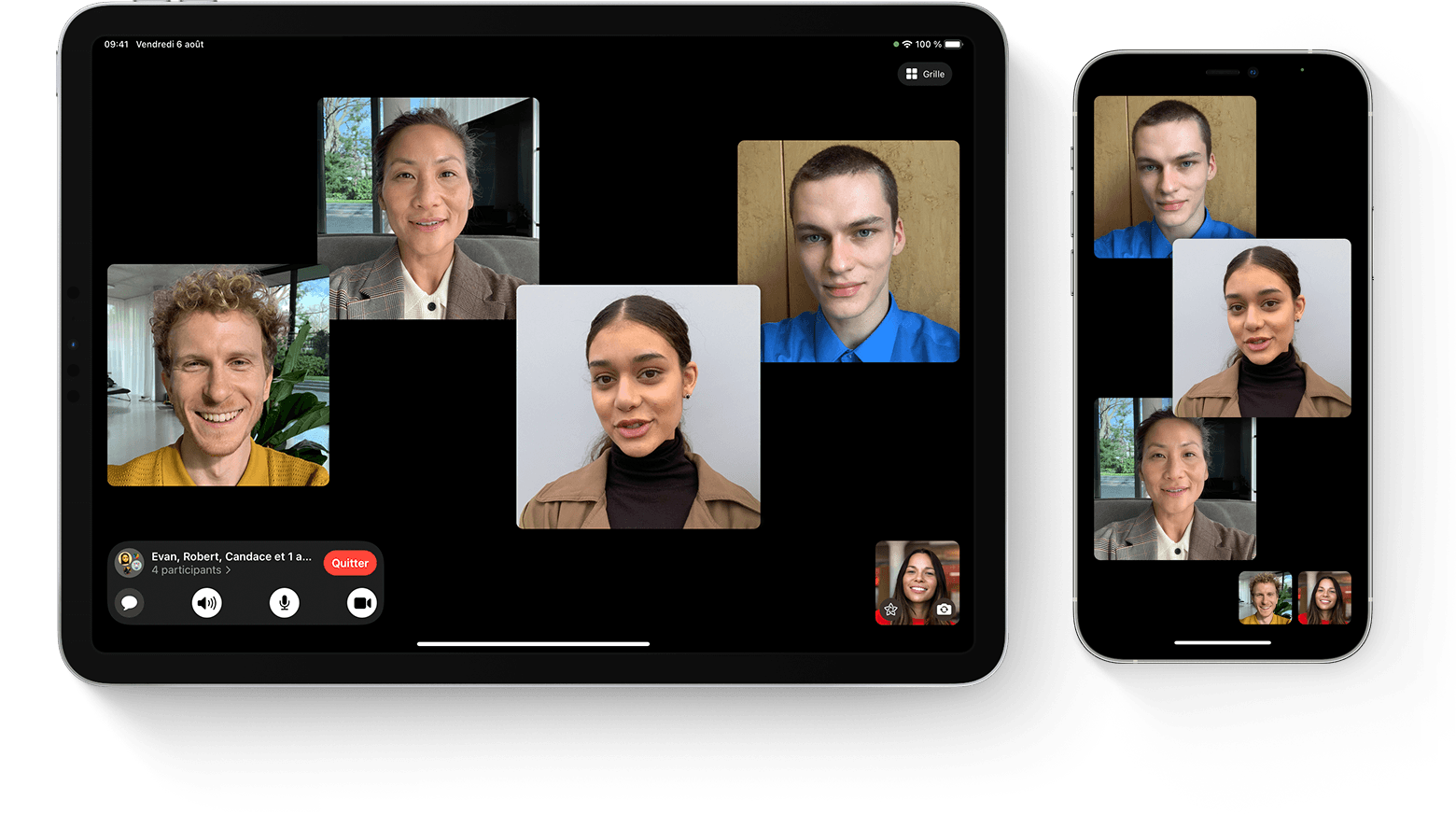 Un iPhone et un iPad affichant un appel FaceTime en groupe