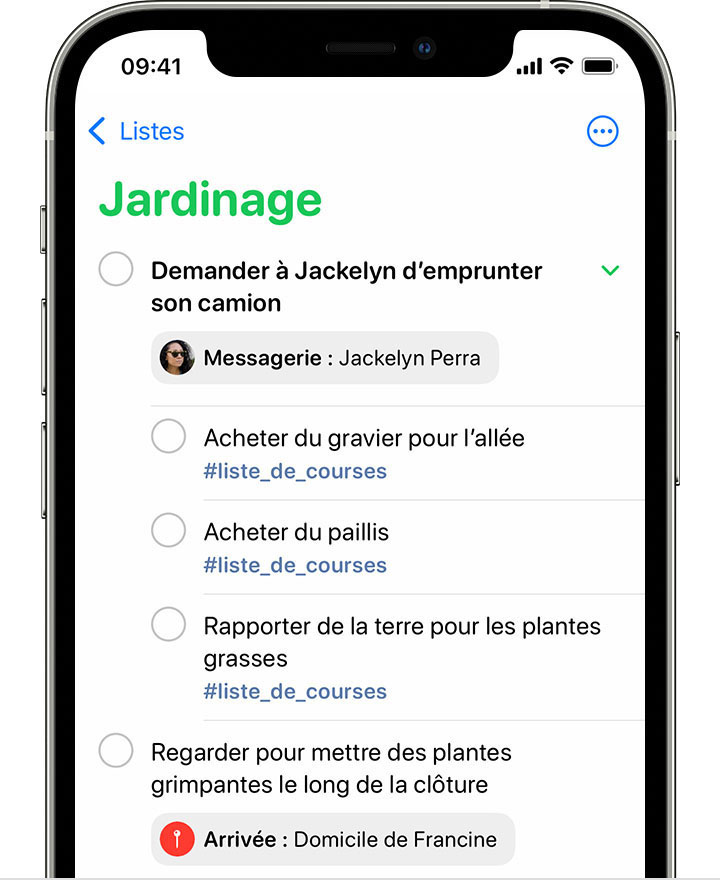 Un iPhone affichant une liste de rappels liés au jardinage. Sous un rappel « Demandez à Jackelyn d’emprunter son camion », la photo de Jackelyn et le message « Messages : Jackelyn Perra » apparaissent.