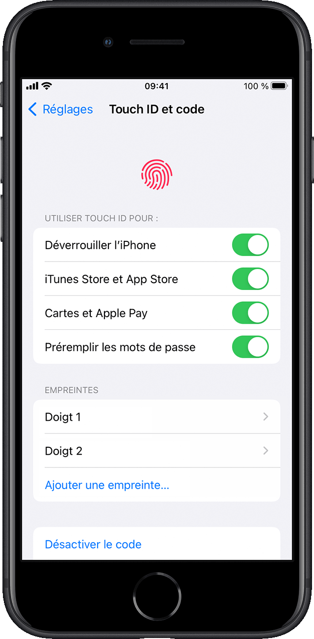 Dans Réglages, l’utilisateur choisit les fonctions de l’iPhone qui doivent être activées avec Touch ID