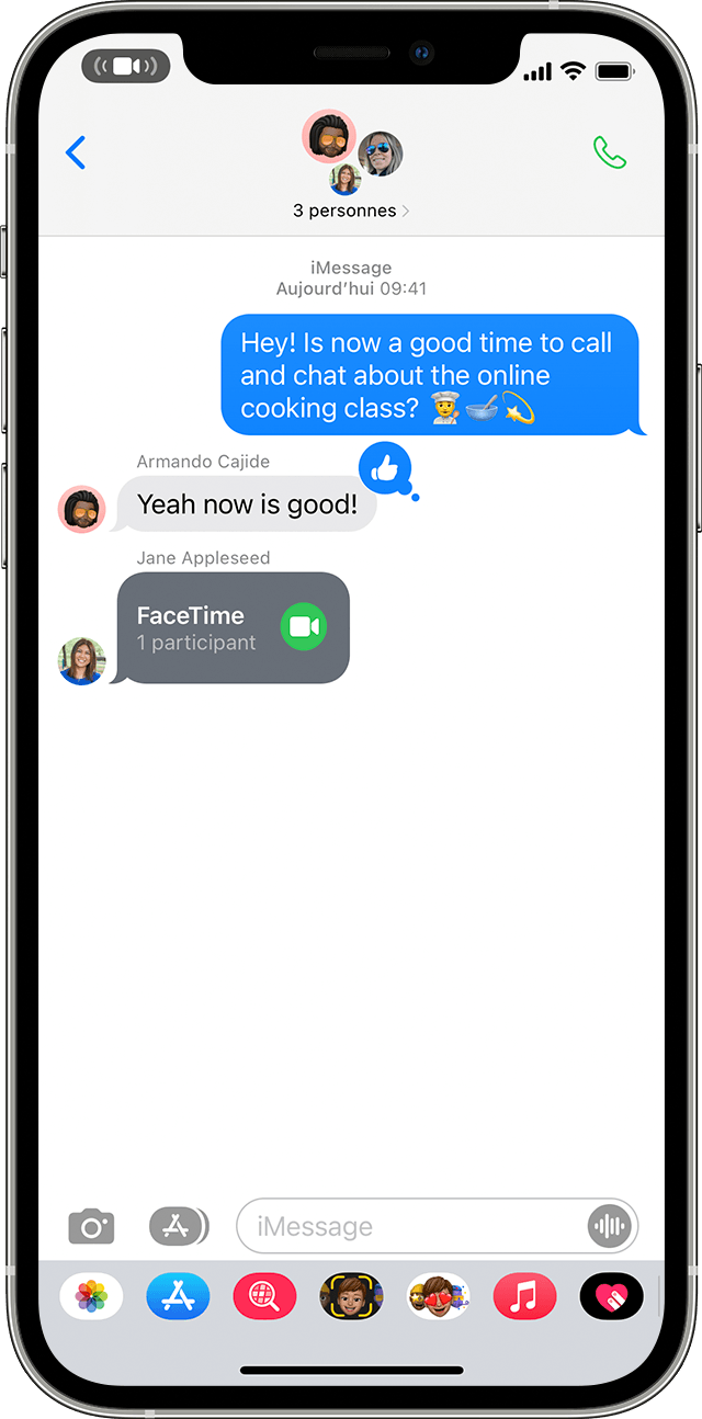 Un iPhone montrant comment rejoindre un appel FaceTime à partir d’un message de groupe