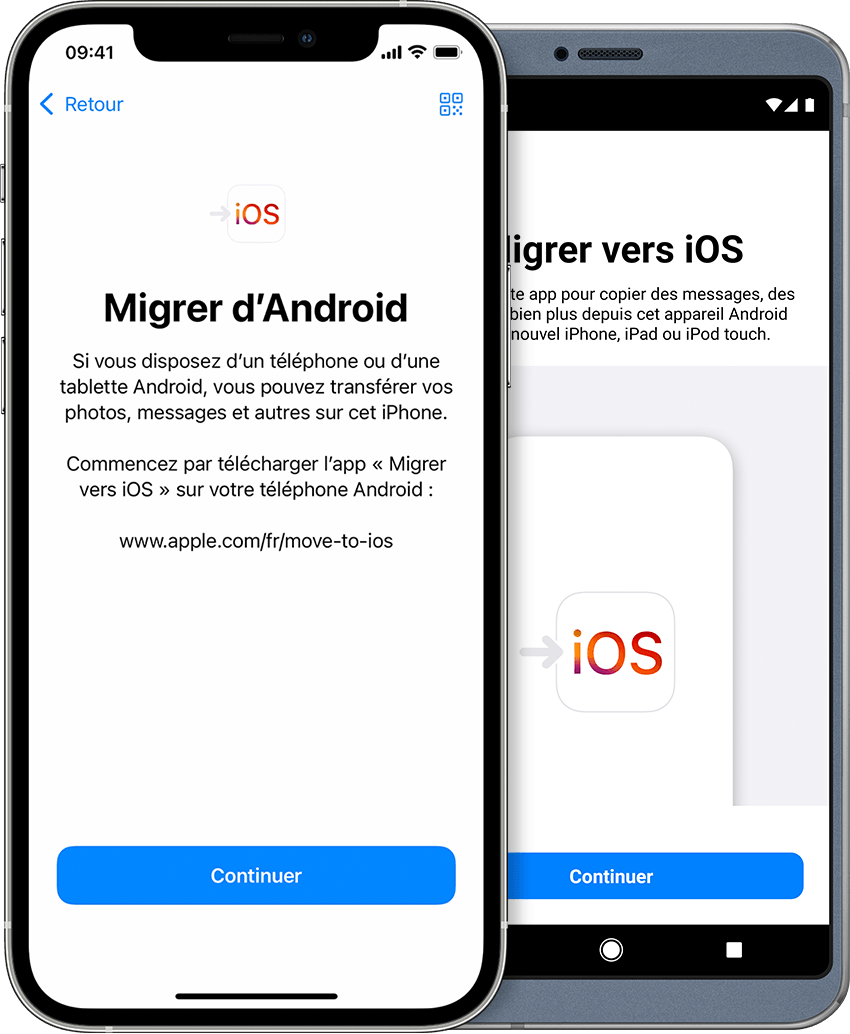 Écrans illustrant l’app Migrer vers iOS sur iPhone et Android
