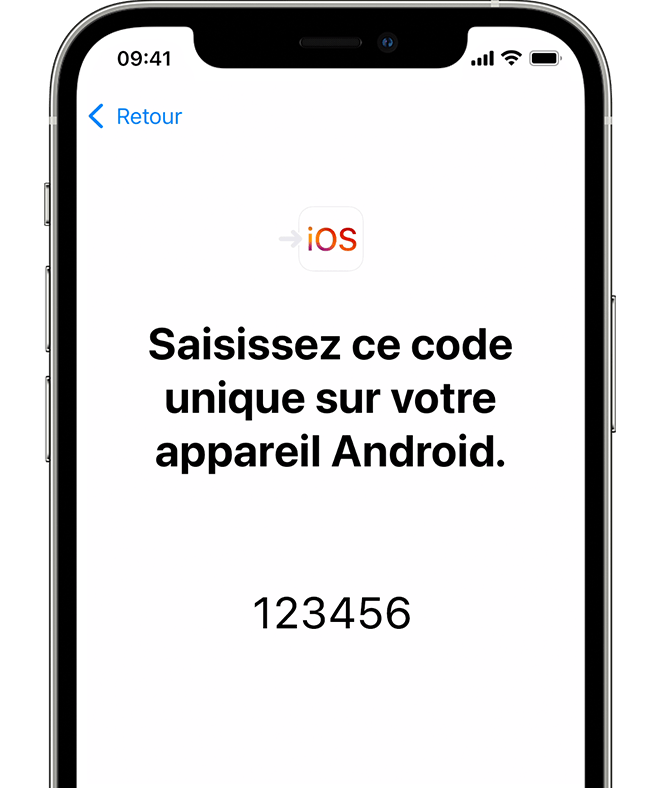 Écran Migrer d’Android sur iPhone avec affichage du code