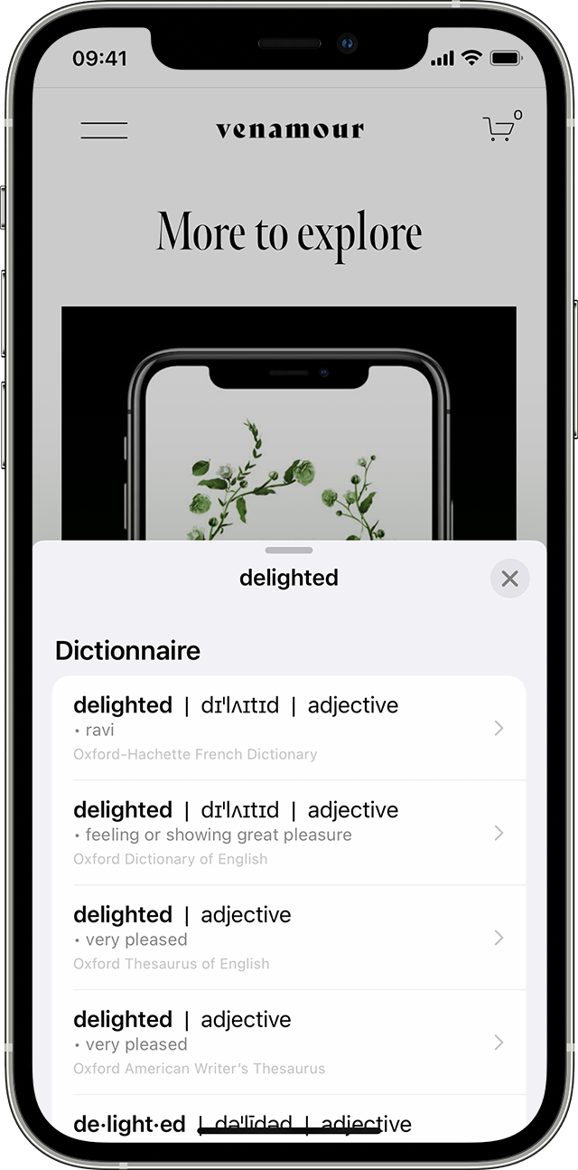 Un utilisateur d’iPhone recherche le mot « delighted » (ravi) dans un dictionnaire après avoir identifié le mot dans une photo grâce à la fonctionnalité Texte en direct