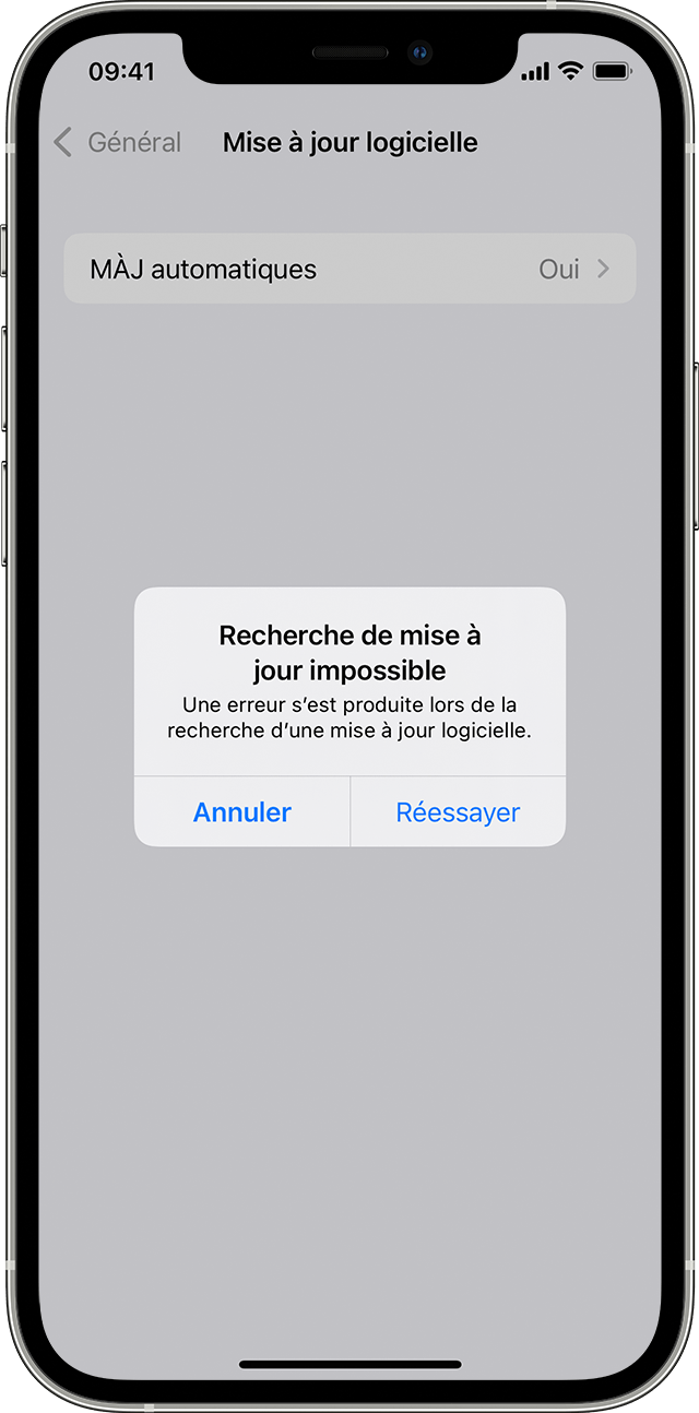 iPhone affichant l’alerte « Recherche de mise à jour impossible ».
