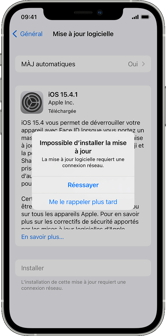 iPhone affichant l’alerte « Impossible d’installer la mise à jour ».