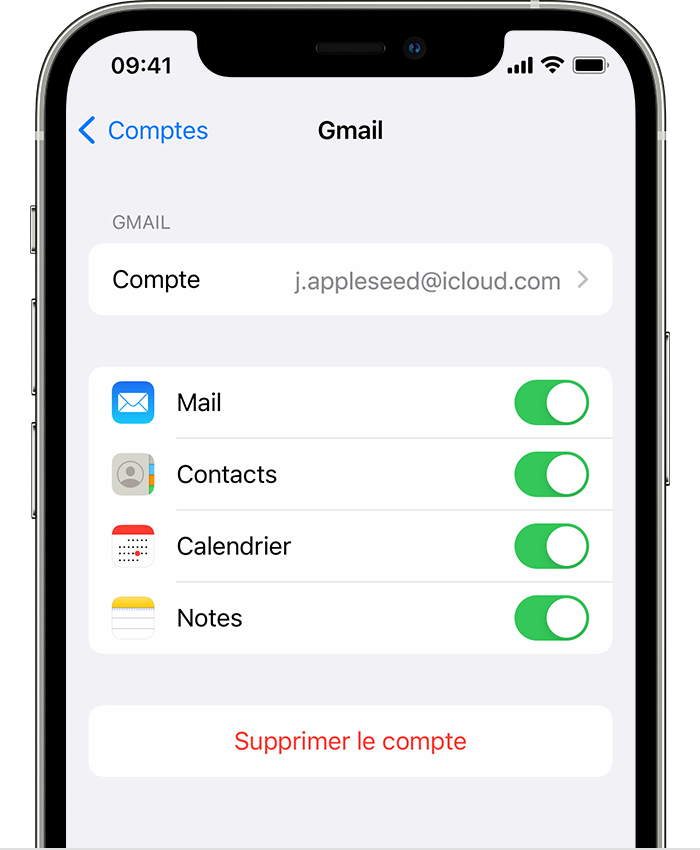 Un iPhone affichant les paramètres d’un compte Gmail connecté dans Réglages > Mail > Comptes > Gmail.
