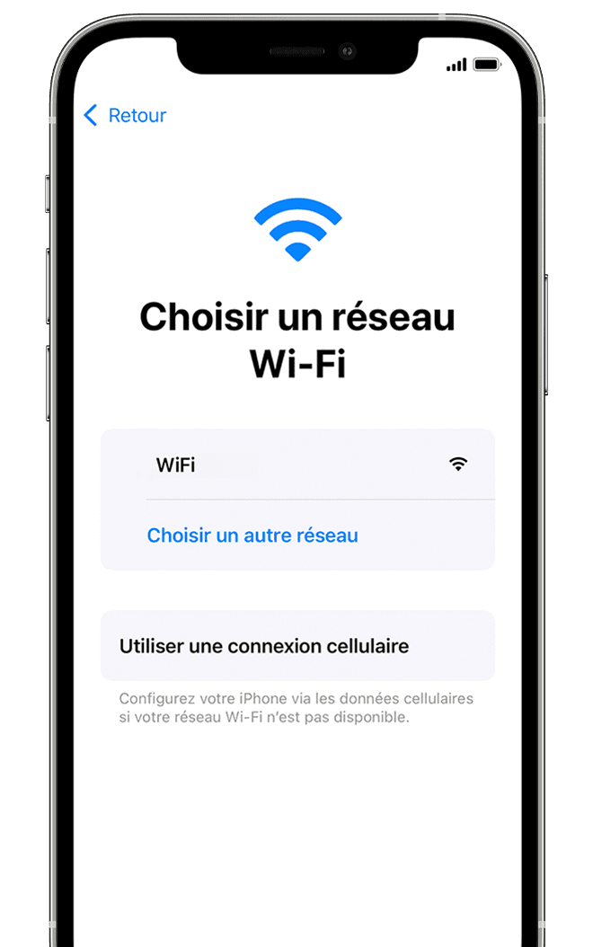 Écran affichant l’option pour choisir un réseau Wi-Fi ou utiliser une connexion mobile