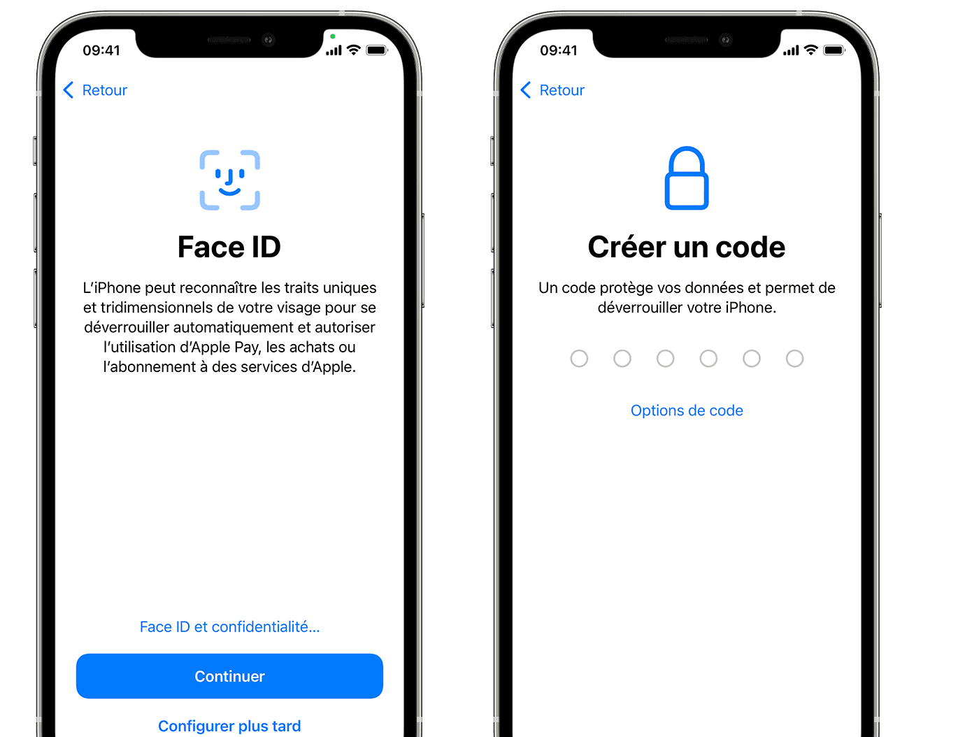 Écran affichant l’option pour configurer Face ID et créer un code