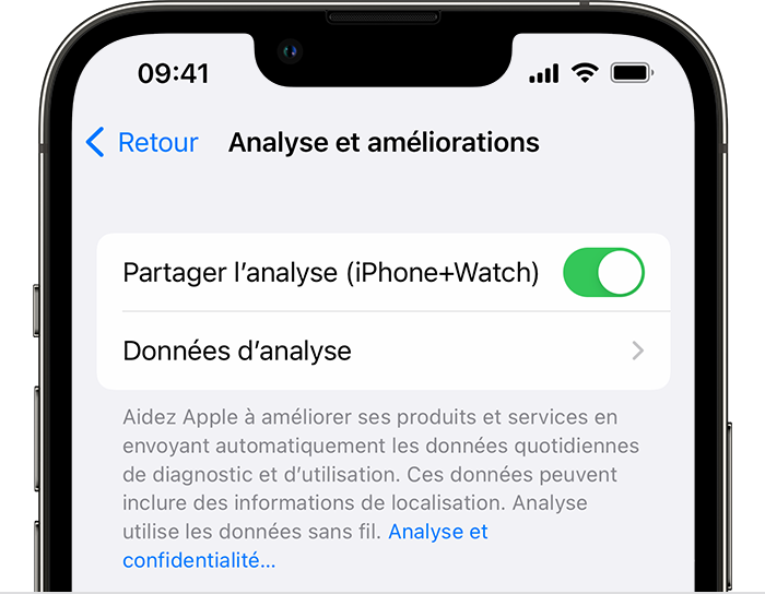 Un iPhone affichant les options Analyses et améliorations ; l’option Partager l’analyse (iPhone+Watch) est activée.
