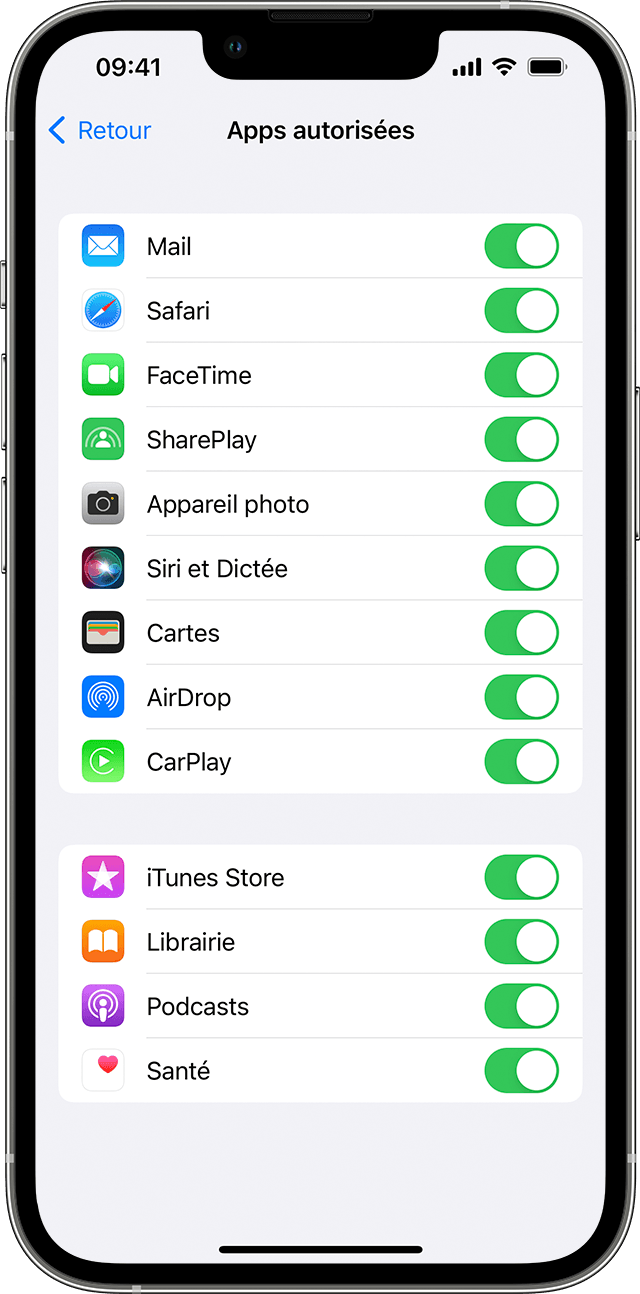Un iPhone affichant l’écran Apps autorisées. Le commutateur des apps sélectionnées est activé.