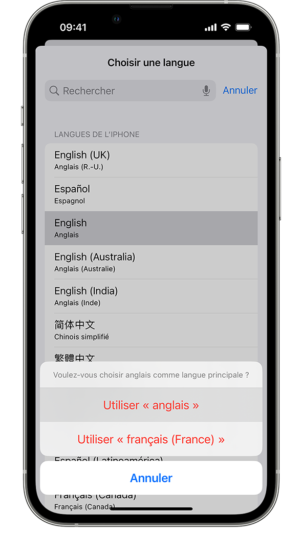 Un iPhone affichant une alerte disant : « Voulez-vous utiliser le français comme langue principale ? » Les options affichées sont Utiliser le français, Utiliser l’anglais (États-Unis) et Annuler.