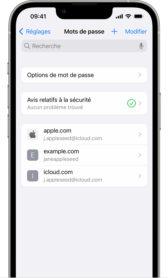 Comment accéder aux mots de passe et clés d'identification enregistrés sur  votre iPhone - Assistance Apple (FR)