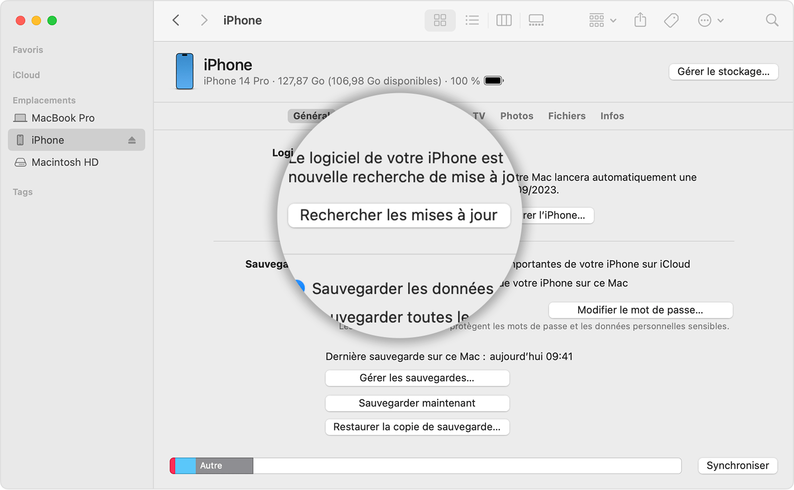 Écran de Mac montrant comment utiliser le Finder pour vérifier l’espace de stockage de votre appareil iOS