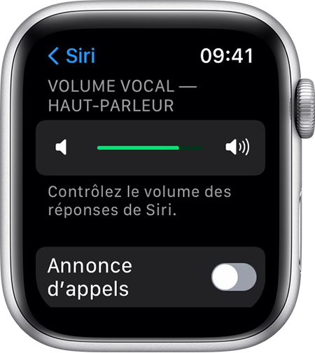 Capture d’écran watchOS de Volume vocal - Haut-parleur