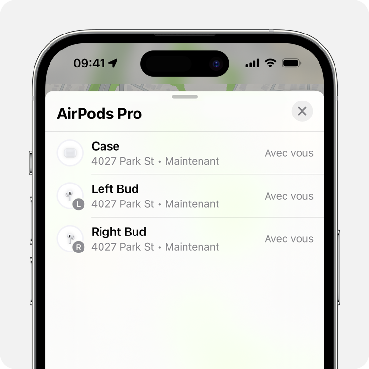 Si vos AirPods ne sont pas ensemble, choisissez l’écouteur que vous souhaitez retrouver.