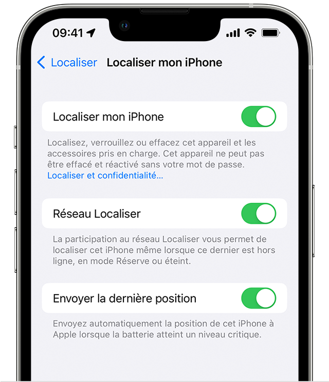 Sur l’iPhone, vous pouvez activer la fonctionnalité Localiser dans l’app Réglages.