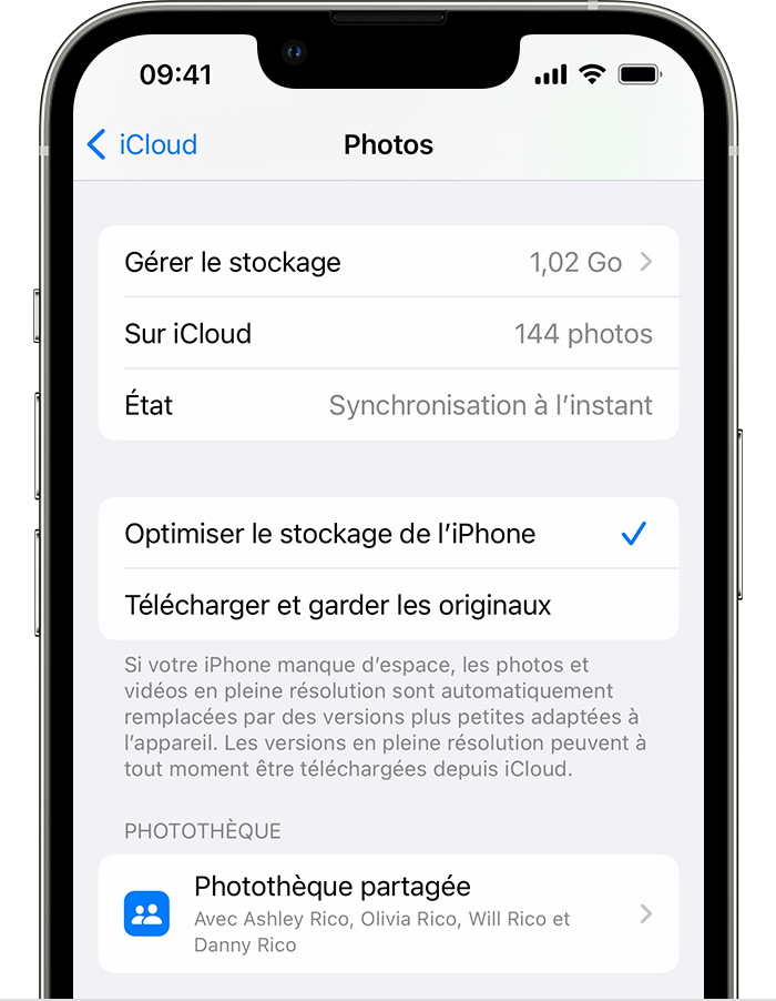 Un iPhone affichant les paramètres Photos pour iCloud, y compris les options Optimiser le stockage de l’iPhone ou Télécharger et garder les originaux
