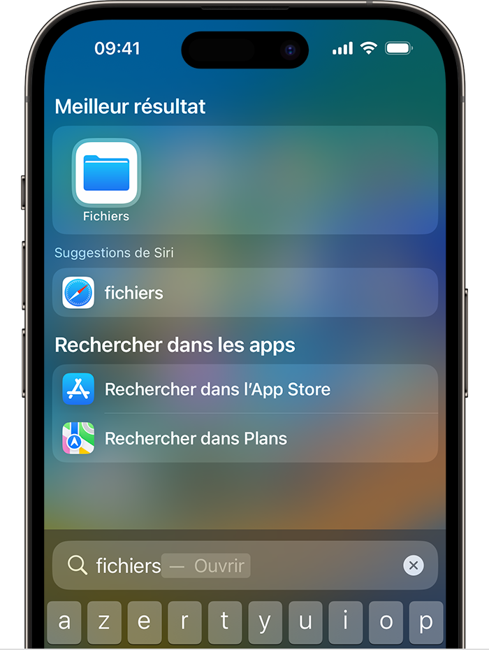 Image de l’écran de recherche sur un iPhone. L’icône de l’app Fichiers apparaît sous la section Meilleur résultat située en haut de l’écran.