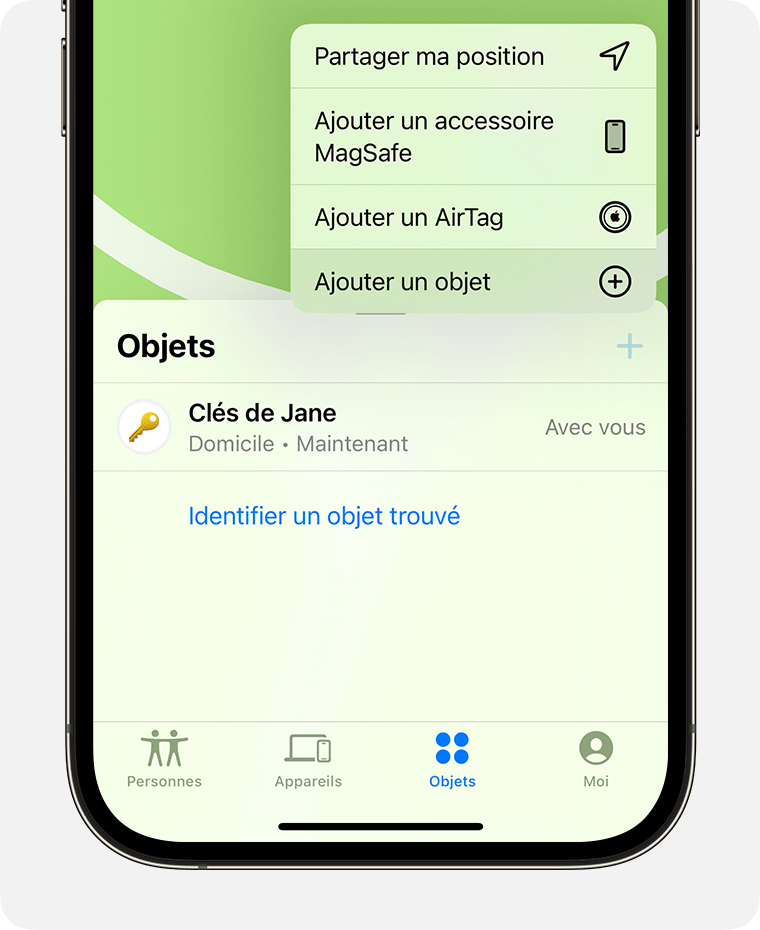 Dans l’app Localiser, touchez Ajouter un objet pour ajouter un accessoire tiers du réseau Localiser.