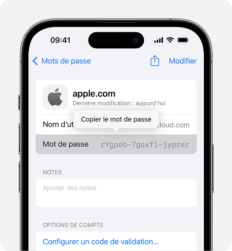 Accéder aux mots de passe et clés d'identification enregistrés sur votre  iPhone - Assistance Apple (FR)