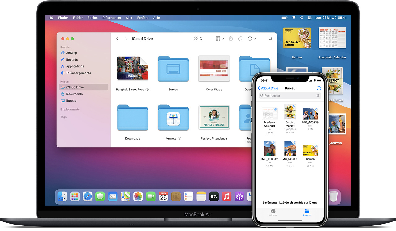 Bureau d’un MacBook Air exécutant macOS Big Sur montrant iCloud Drive. iPhone 12 Pro exécutant iOS 14 montrant le dossier Bureau dans iCloud Drive. 