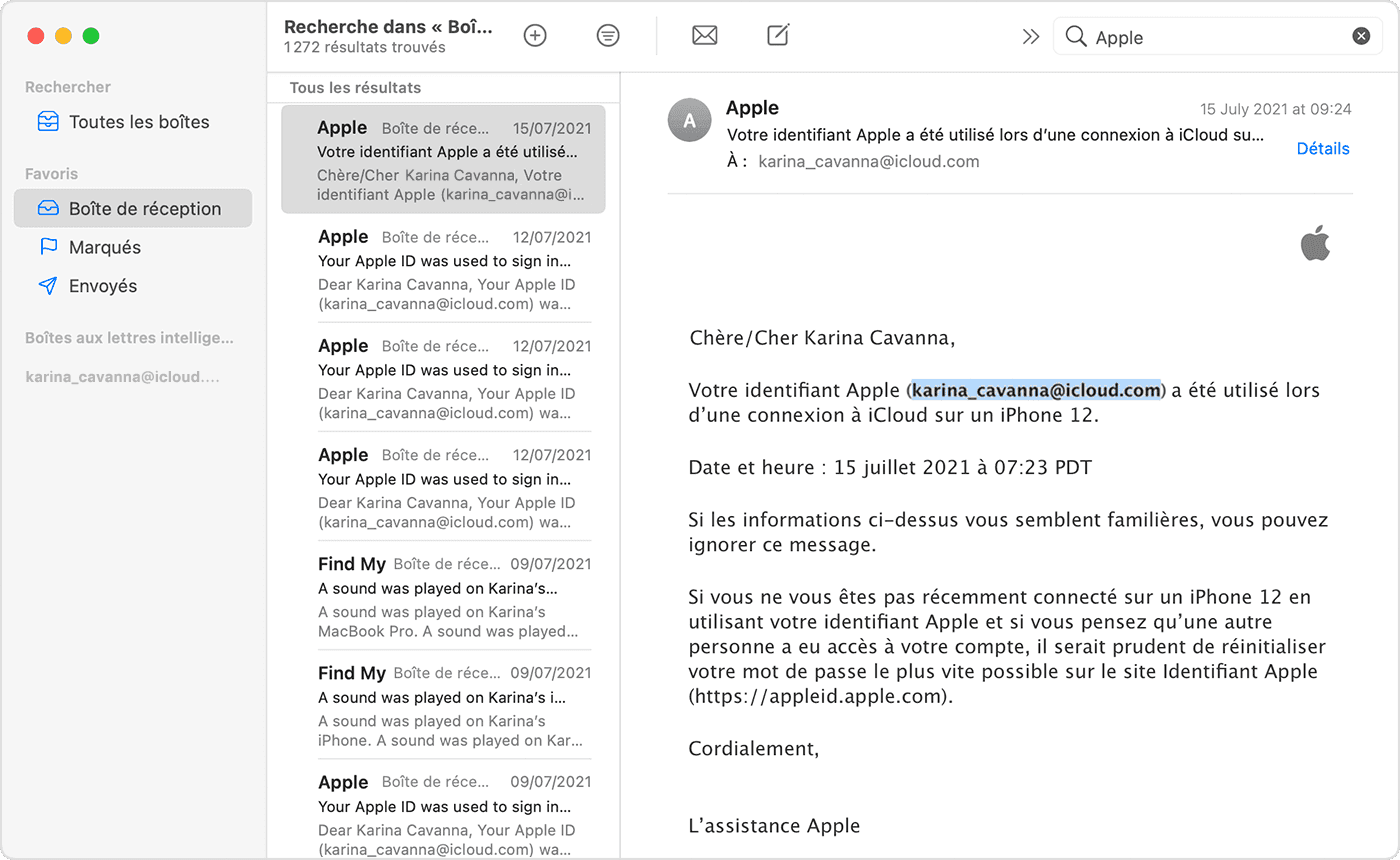 Certains e-mails envoyés par Apple peuvent inclure votre identifiant Apple. Dans ce cas, il figure entre parenthèses et il est mis en évidence.