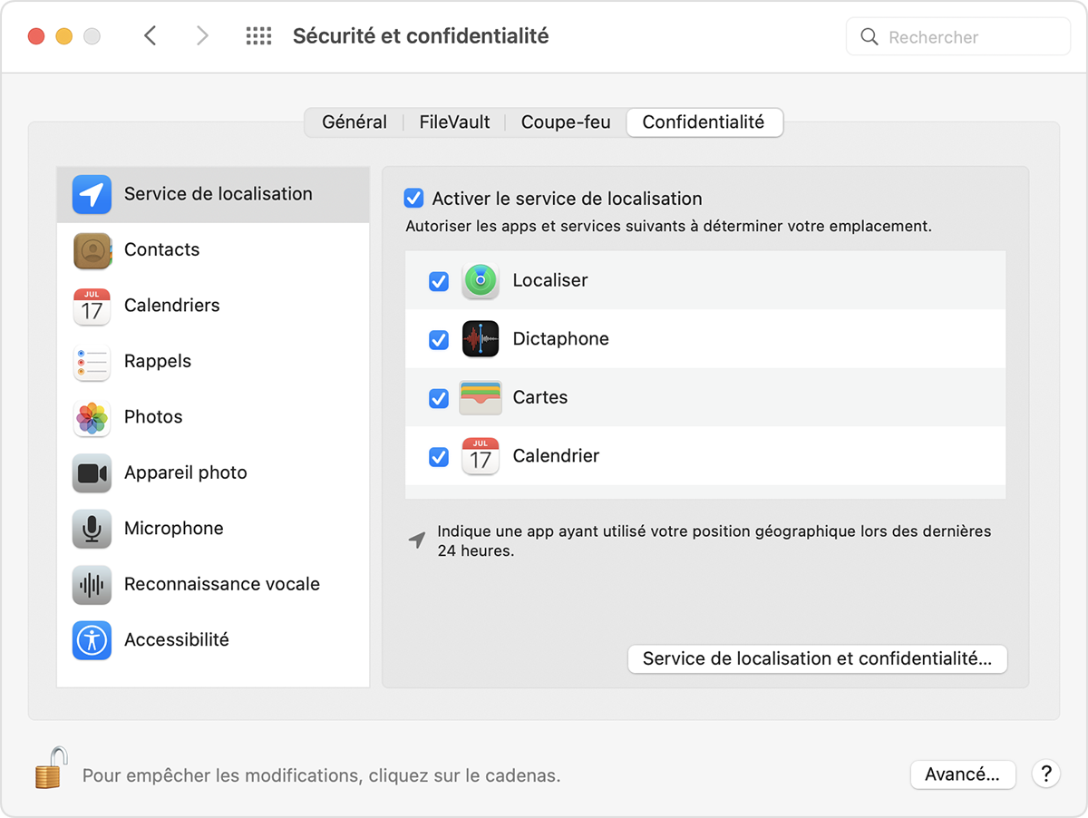 Fenêtre Sécurité et confidentialité de macOS, avec les options Activer le service de localisation et Localiser activées.