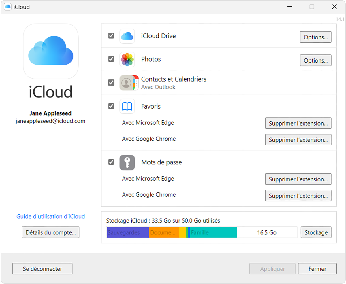 iCloud Drive est répertorié en haut du volet iCloud pour Windows.