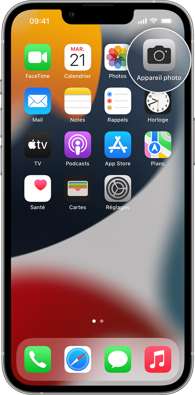 Icône de l’app Appareil photo agrandie sur l’écran d’accueil d’un iPhone