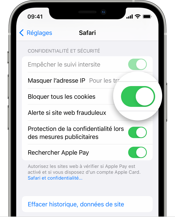 Réglages Safari sur l’iPhone avec l’option Bloquer tous les cookies activée
