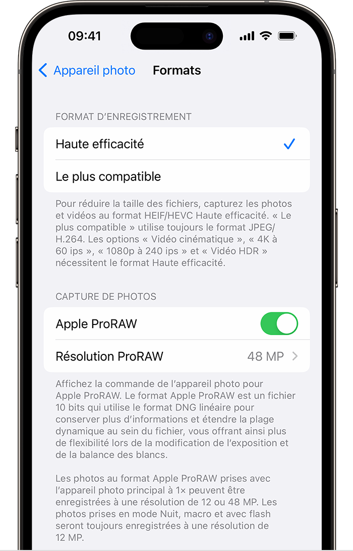 Sur les modèles d’iPhone 14 Pro, vous avez le choix parmi deux résolutions ProRAW dans Réglages.