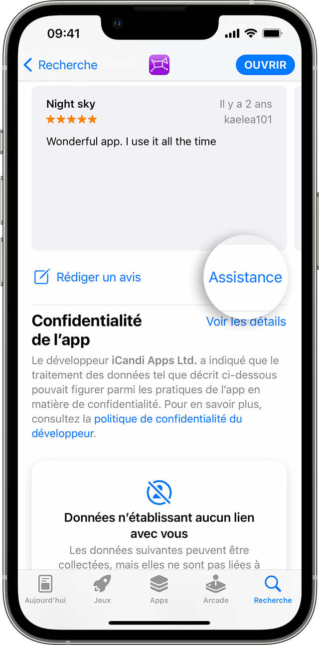 Dans l’App Store sur un iPhone, le bouton Assistance est disponible sous les avis.