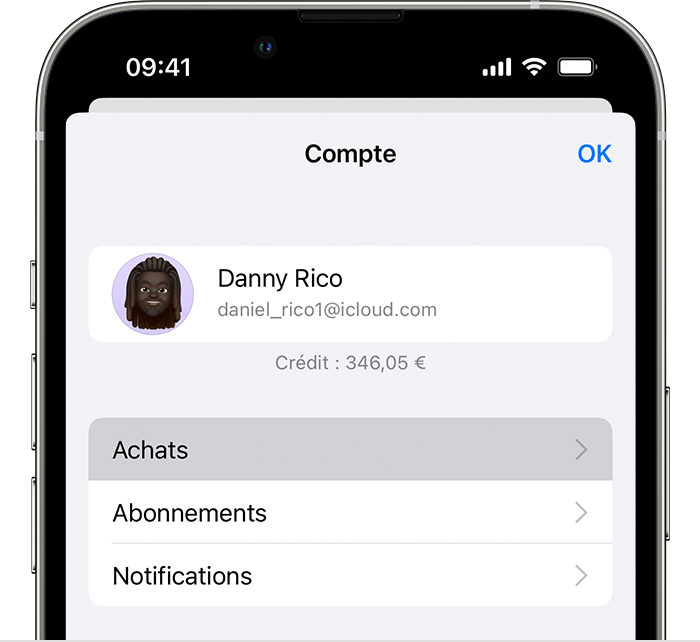 Le bouton Achats est sélectionné dans le menu Compte de l’App Store sur iPhone.
