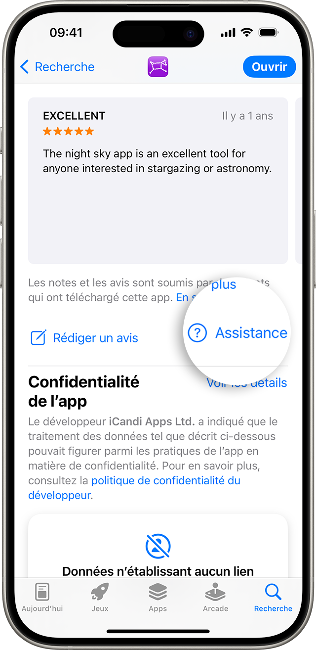 Dans l’App Store sur un iPhone, le bouton Assistance est disponible sous les avis.