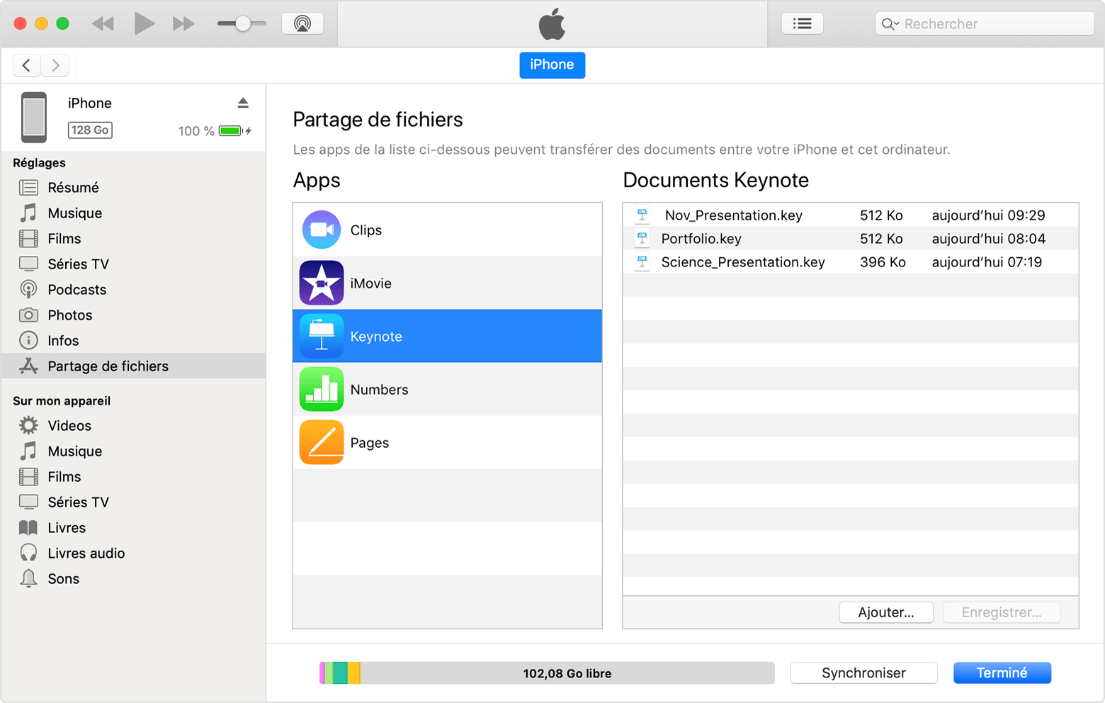 Fenêtre iTunes montrant des documents Keynote pouvant être partagés