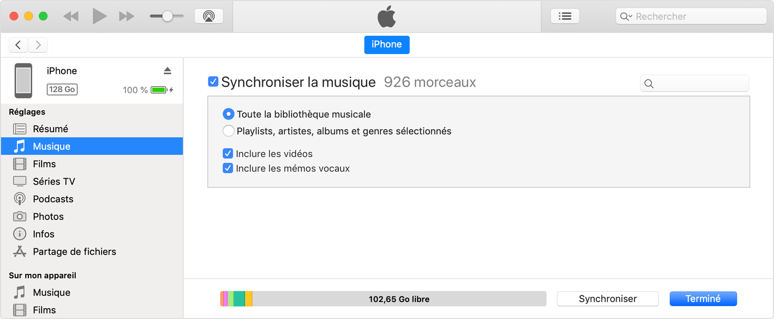 Case à cocher en face de l’option Synchroniser la musique dans iTunes.
