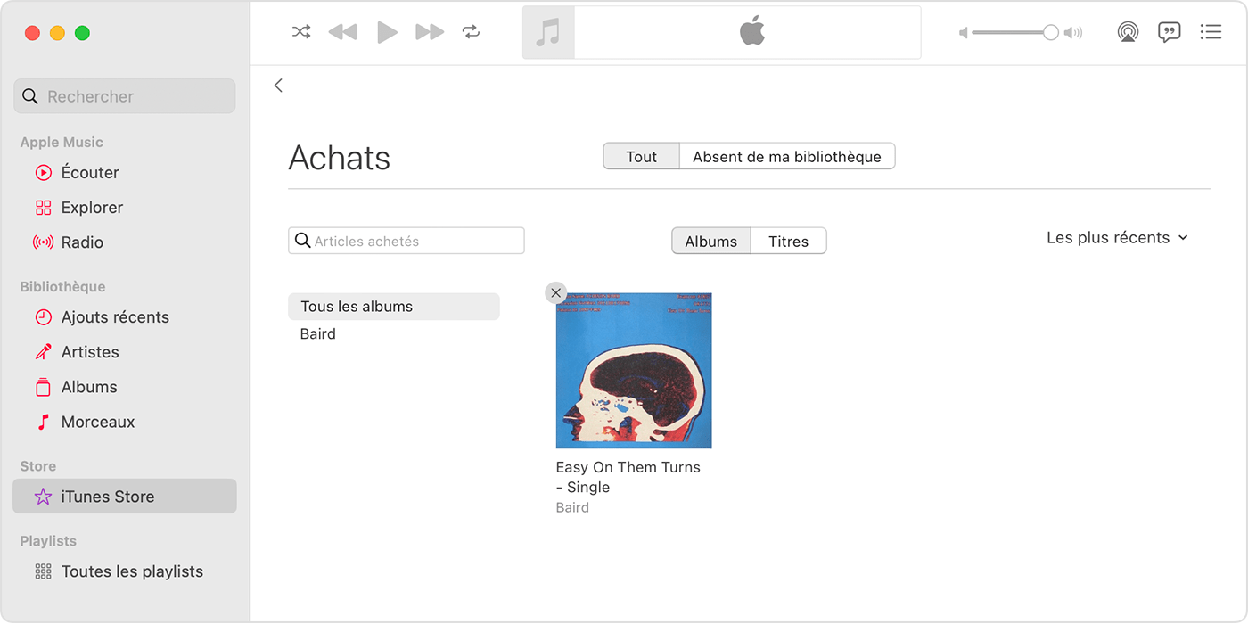 Le bouton Masquer l’achat dans l’app Musique sur un Mac