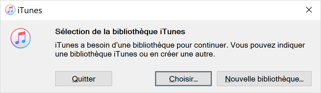 Message iTunes avec le bouton Choisir sélectionné
