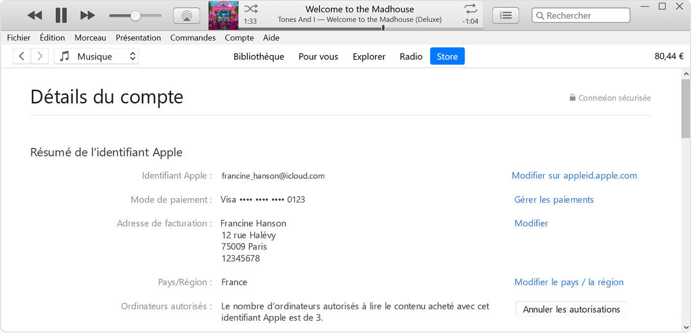 iTunes affichant la page Détails du compte